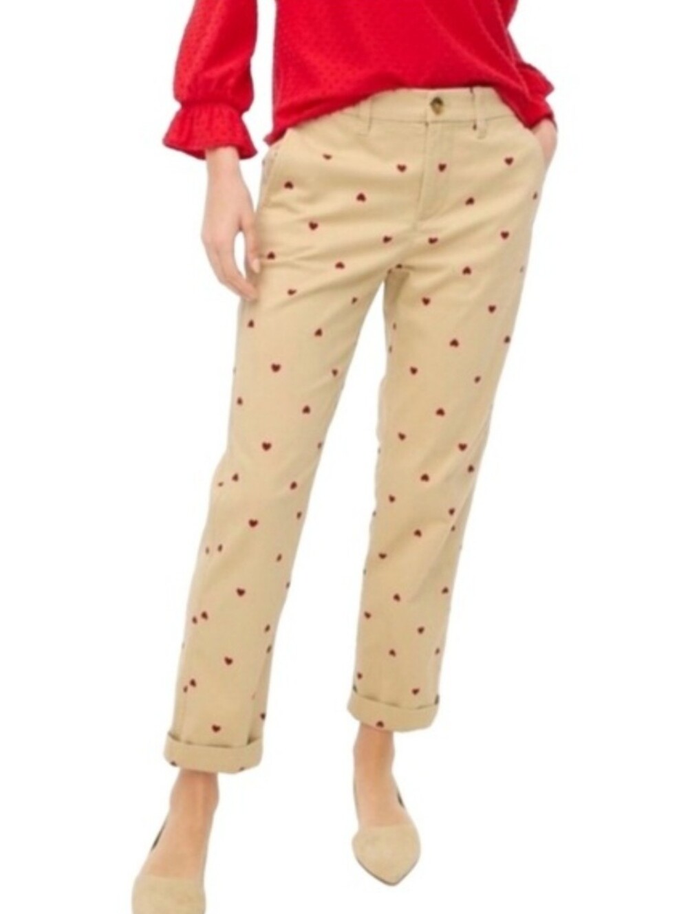 J. Crew Beige High-Rise Girlfriend Chino with Red Heart Print